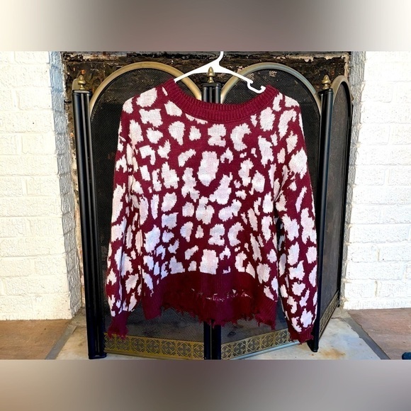 Burgundy Leopard Print Distressed Sweater | Grunge Y2K Cozy Chic | Sz S - Picture 2 of 9